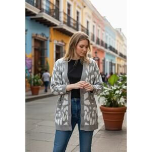 Very J Animal Print Button Down Cardigan Sweater Gray Size Large